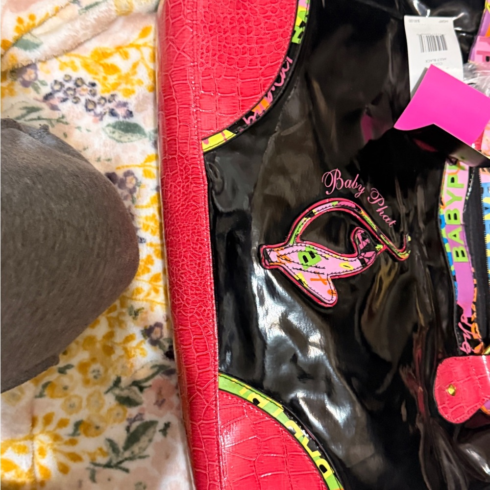 Baby Phat Black Patent Tote and Wallet with Hot Pink Trim & Multicolor Logo - Picture 6 of 16